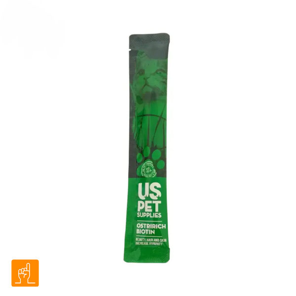 USPET-Liquid-Treat-Ostrich-And-Biotin بستنی گربه طعم شتر مرغ و بیوتین یو اس پت