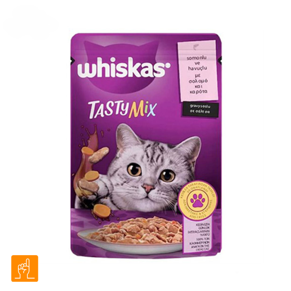 Whiskas-Tasty-Mix-With-Salmon-And-Carrots پوچ گربه ماهی سالمون و هویج خورشتی ویسکاس